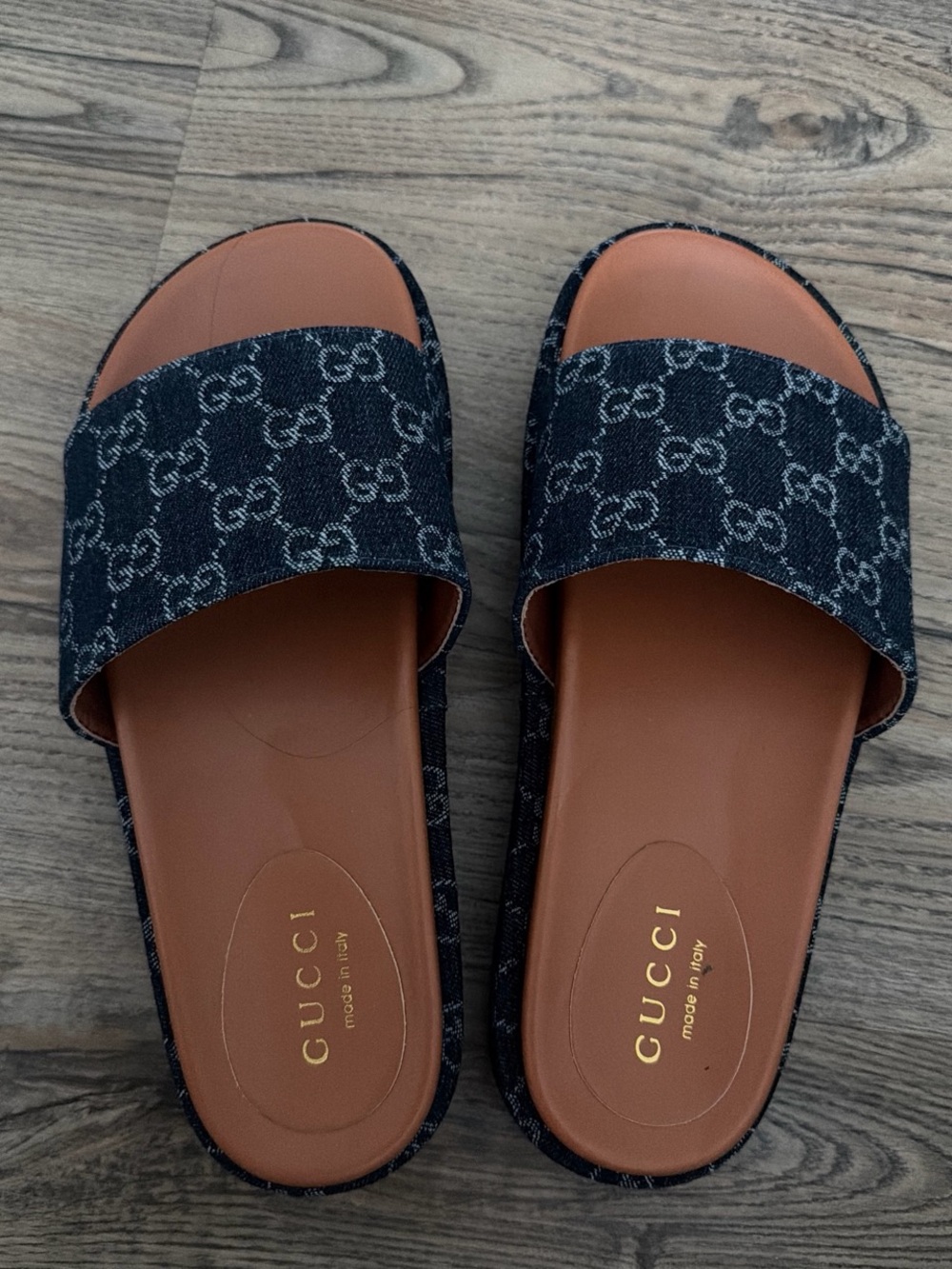 Gucci Denim GG Logo Slide Sandals in Brown and Blue
